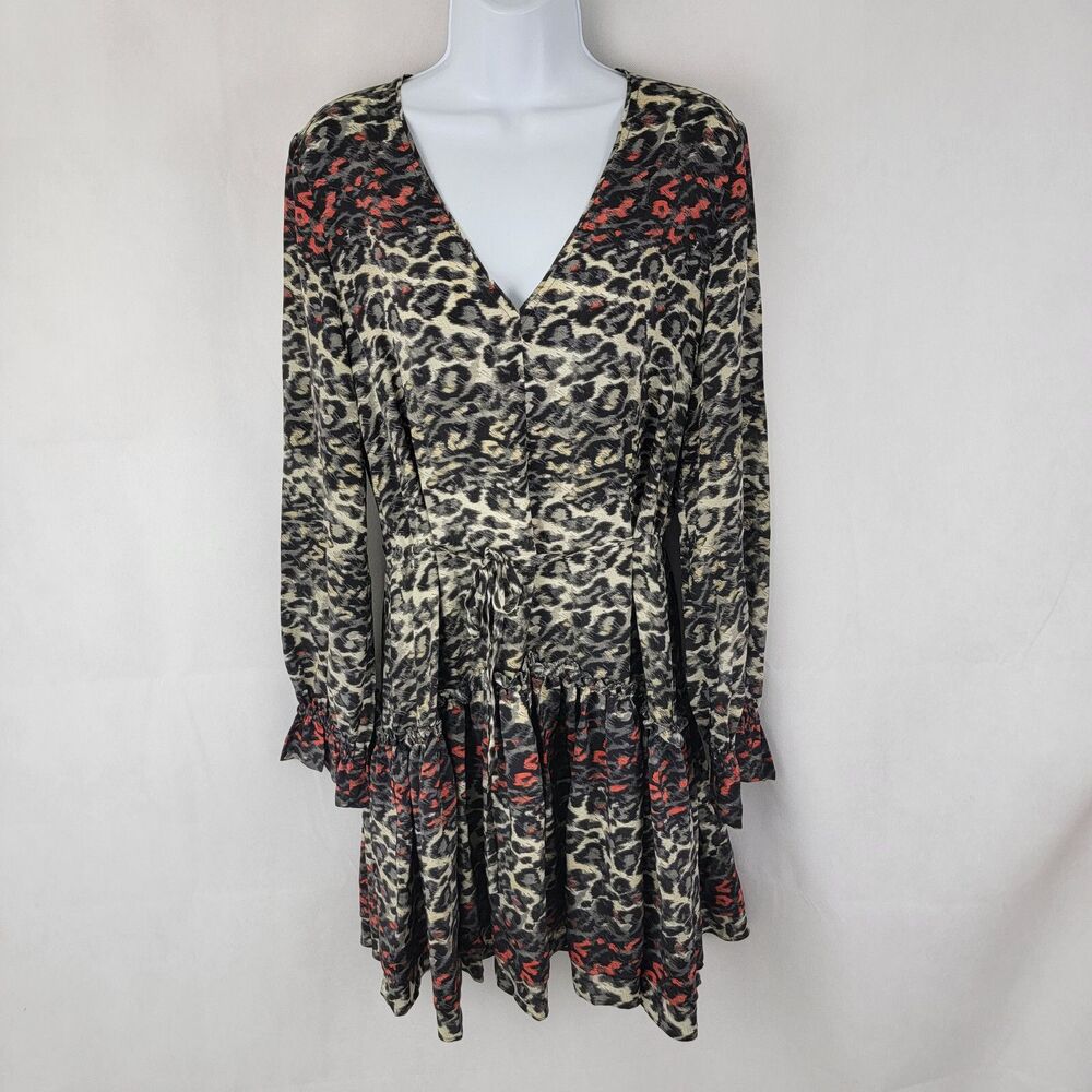 ALL SAINTS Womens Dress Sz MEDIUM Animal Print ALIA JUBA Silk Long Sleeve V-Neck
